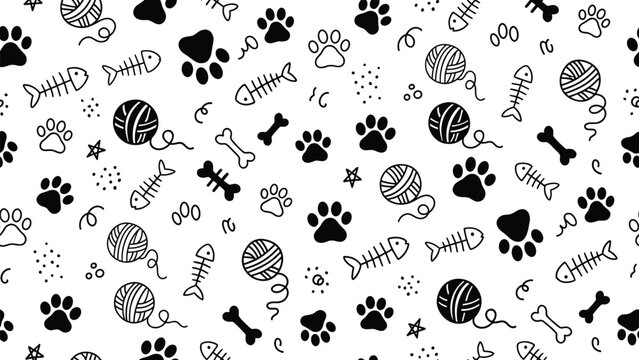 Seamless pattern with paw prints fish bones balls of yarn and bones for pet accessories