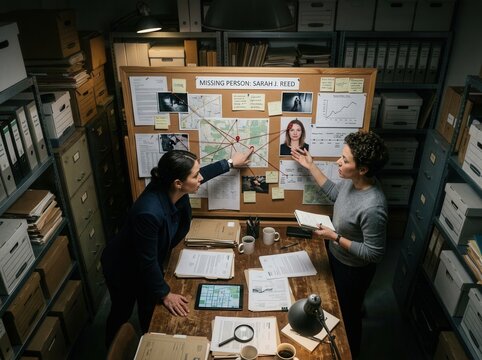 Detective Duo Analyze Evidence On A Missing Person Caseboard