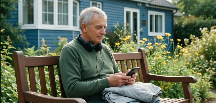 Older man enjoying technology in a garden, symbolizing active aging and modern lifestyle integration.