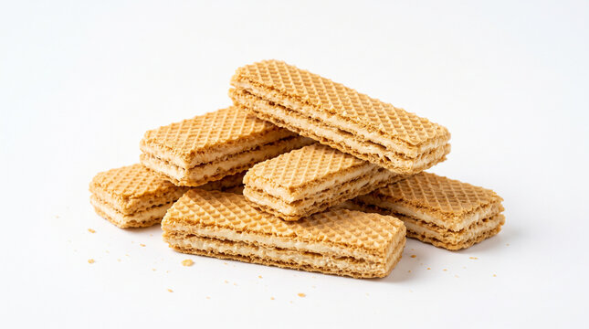 Highly realistic golden wafer biscuits with pale creamy filling, rectangular shape, crisp layered structure and detailed baked surface, several pieces overlapping naturally