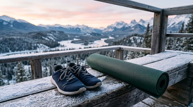 Pair of athletic shoes and a rolled green yoga mat resting on a snowy wooden bench with mountain valley landscape overlooking vast winter landscape during soft