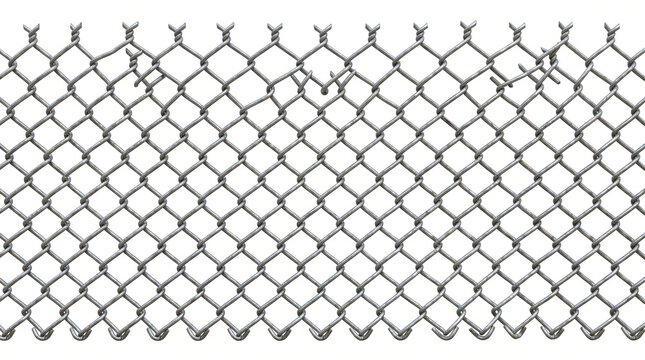 Highly realistic section of galvanized chain-link metal fencing, interwoven diamond-shaped wires, realistic metallic texture, slight natural bends and reflective highlights