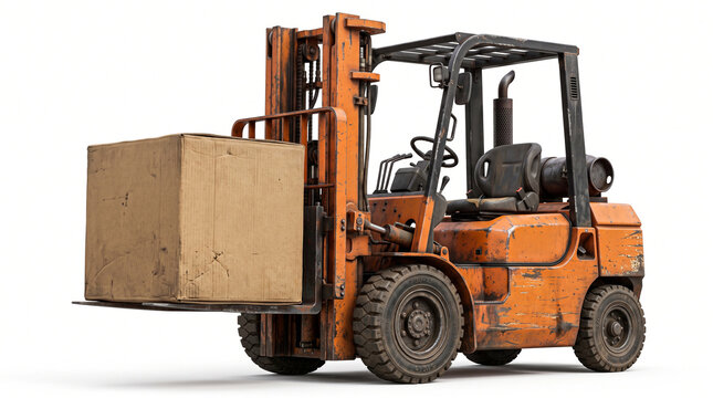Ultra-realistic orange industrial forklift carrying a large cardboard box on its forks, detailed hydraulic mechanisms, tires, metal mast, realistic paint and worn industrial texture