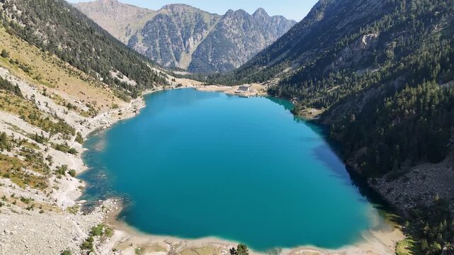 Aerial View of Lac De Guabe With Blue Waters in the French Pyrenees Glacial Lake