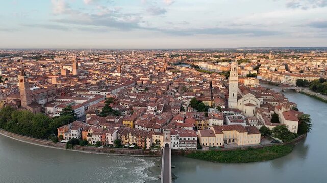 Aerial View of Historic Buildings and Churches in Verona Italy