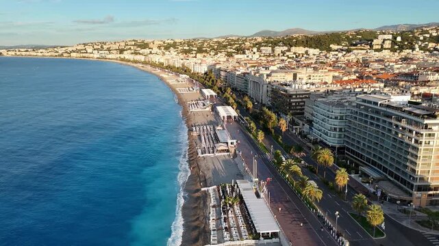 Aerial View of the Beach and Waterfront in Nice France With Buildings in the Distance