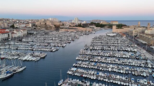Aerial View of the Main Harbor Vieux Port With Sail Boats in Marseille France at Sunrise