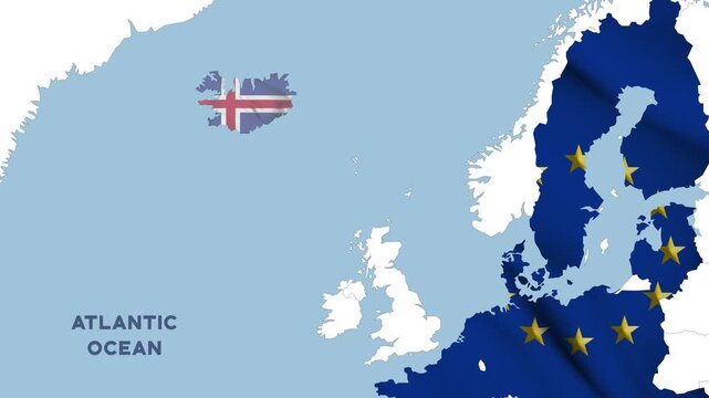 4K animation of a map of Europe with the European Union highlighted by the EU flag and Iceland highlighted by the Icelandic flag, illustrating Iceland's decision to halt its EU accession process.