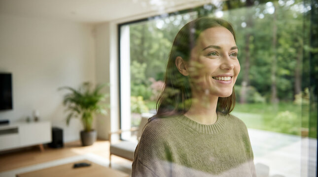 Woman smiling while looking out window at green garden. Home interior, modern living room, natural light, peaceful moment.