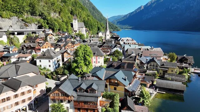 Aerial View of Boat Houses and Historic Buildings in Hallstatt Austria