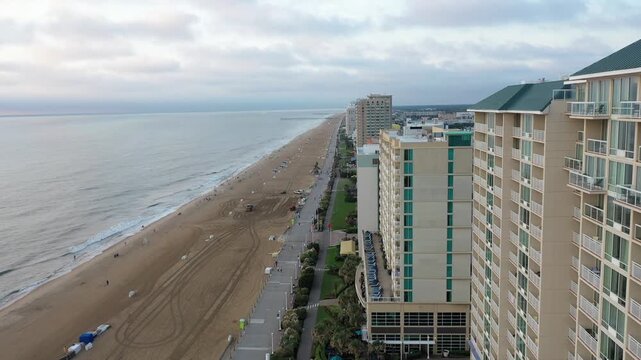 Aerial View of Hotels at the Virginia Beach Oceanfront in the Morning