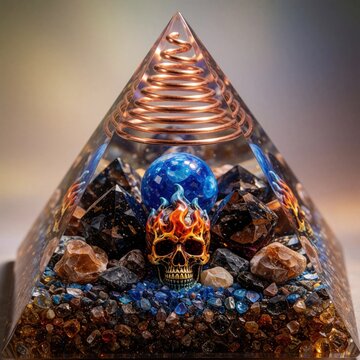 Orgone energy generator pyramid with crystals, blue orb, and flame skull. Handmade resin object promotes spiritual balance and positive vibes for meditation and healing spaces.