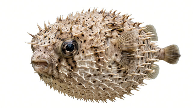 Highly detailed realistic pufferfish with its body naturally inflated, covered in numerous short sharp spines, pale beige-brown skin, prominent eyes and intricate textured surface,