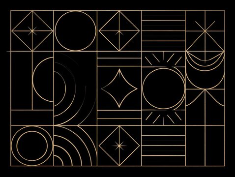 Minimalist geometric pattern with gold lines on a black background, featuring circles, diamonds, and linear elements in a grid layout, modern luxury design