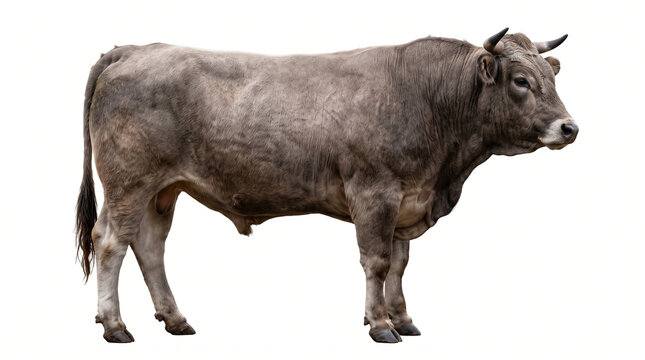 Photorealistic strong gray-brown bull standing in full-body side profile, muscular body, short dark horns, detailed coat and realistic facial features, sturdy legs and hooves