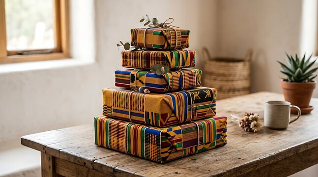 A stack of gifts wrapped in colorful patterned fabric sits on a rustic wooden table with vibrant kente patterned room potted succulent vertical stack five