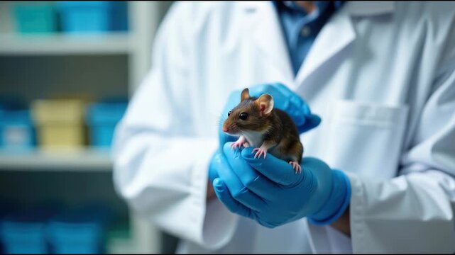 A person in a lab coat holding a mouse for research or experimentation