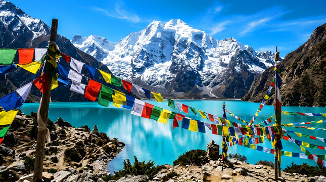 Colorful tibetan prayer flags hanging by turquoise glacial lake with snow covered mountain peaks in the background turquoise water snowy mountains blue sky