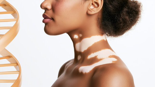 Woman with visible vitiligo patches on her neck and shoulder shown in side profile beside a DNA double helix, genetic skin condition, melanocyte loss, autoimmune pigmentation disor