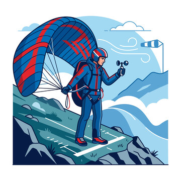 Paraglider Prepares For Adventure On Mountain Slope With Wind Meter
