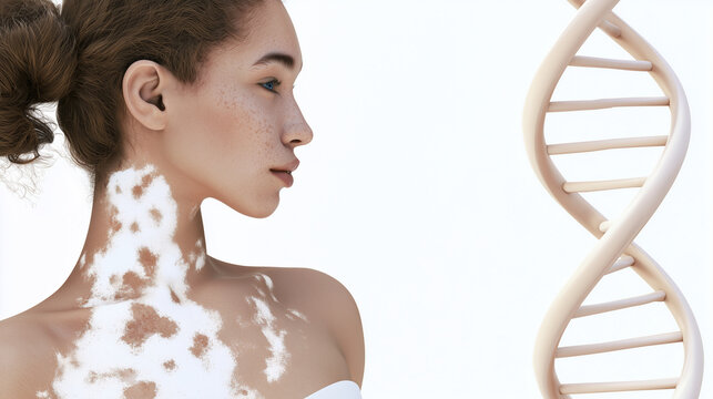 Woman with visible vitiligo patches on her neck and shoulder shown in side profile beside a DNA double helix, genetic skin condition, melanocyte loss, autoimmune pigmentation disor