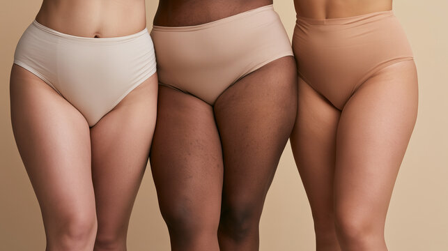 Cropped body view of three diverse women standing closely together in neutral underwear, showing different leg shapes and natural skin tones, body diversity, size inclusion, cellul