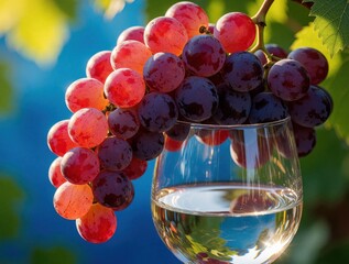 Naklejka premium Ripe red, purple grapes hang over clear glass of white wine. Sunlight glows through fruit, liquid in vineyard. Fresh organic viticulture harvest concept. Juicy bunches of grapes rest on wine goblet