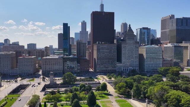 Aerial footage of Skyscrapers and office buildings in the skyline in Chicago Illinois USA