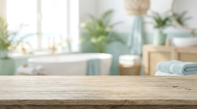 Empty wooden table in blurred modern bathroom interior for product display mockup and wellness spa brand advertising