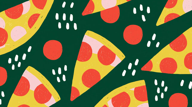 Colorful pizza slices with pepperoni on a dark green background.