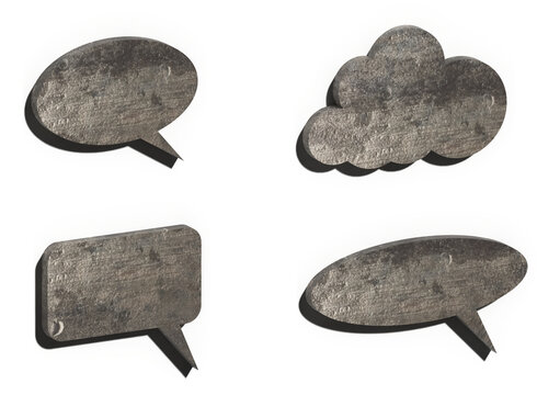 A set of volumetric speech bubbles made of metal with scratches on an isolated background. 3D rendering illustration.