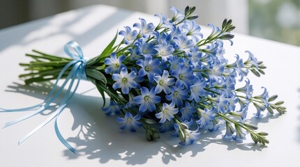 Naklejka premium Blue flower bouquet rests on white table. Delicate blossoms tied with light blue ribbon. Sunlight casts shadows, highlighting fresh floral beauty. Elegant decoration for any occasion.
