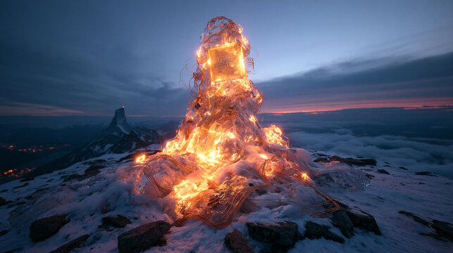 Glowing Fiery Monument on Snowy Mountain Peak at Twilight