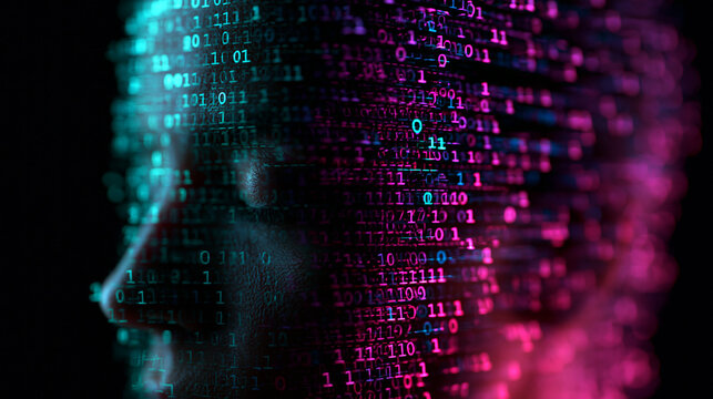 Human Face Profile Composed of Glowing Binary Data Code