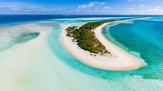 Drone panorama of a secluded Maldivian island chain with curved sandy shores, shallow aquamarine water and lush vegetation under a clear sky, atoll landscape, lagoon ecosystem, ree