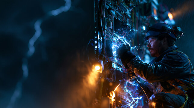 Electrician Repairing Power Grid During Storm at Night