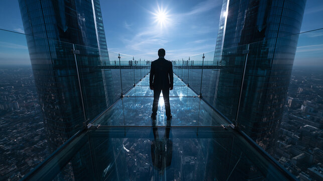 Businessman Standing on High Glass Bridge Overlooking City
