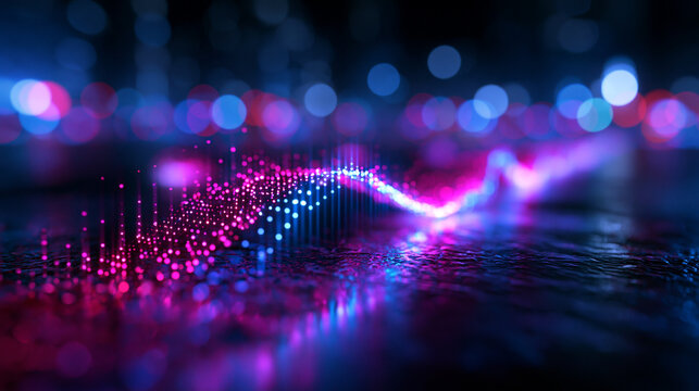 Abstract Glowing Neon Digital Wave and Particle Data Stream