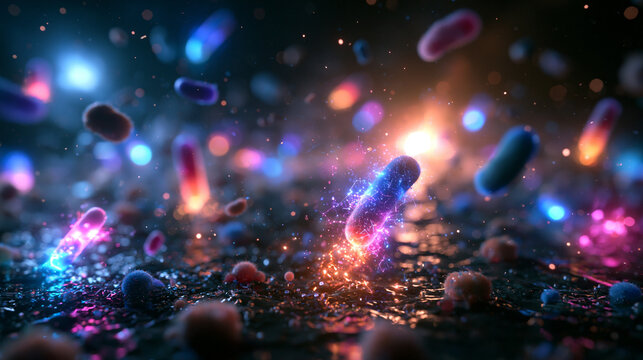 Microscopic View of Glowing Bacteria and Microorganisms