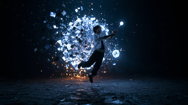 Businessman Leaping with Glowing Wand Amid Particle Explosion