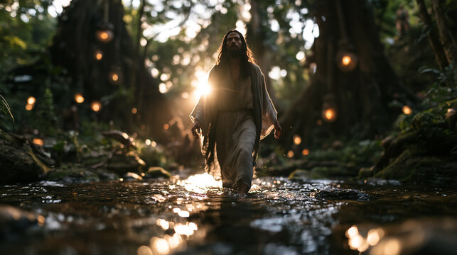 Jesus Christ Walking Through Forest Stream in Golden Light