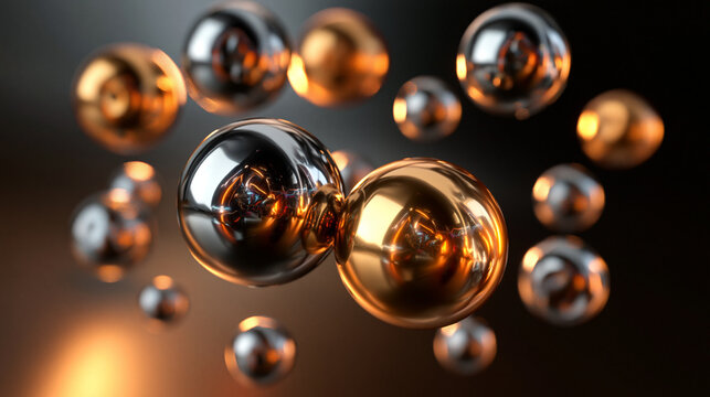 Glossy Gold and Chrome Spheres Floating in Abstract Space