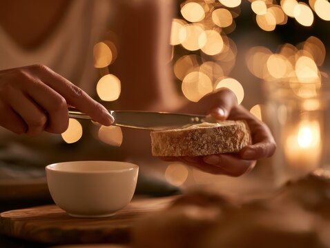 Closeup of a person spreading butter on a slice of fresh crusty bread with a knife in a warm, cozy kitchen setting