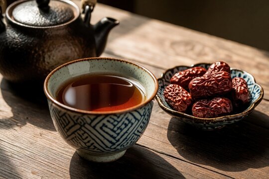 Warm jujube tea in patterned cup with dried fruits on wooden table. Rustic teapot nearby brews aromatic, sweet, natural drink for cozy refreshment. Healthy beverage is served.