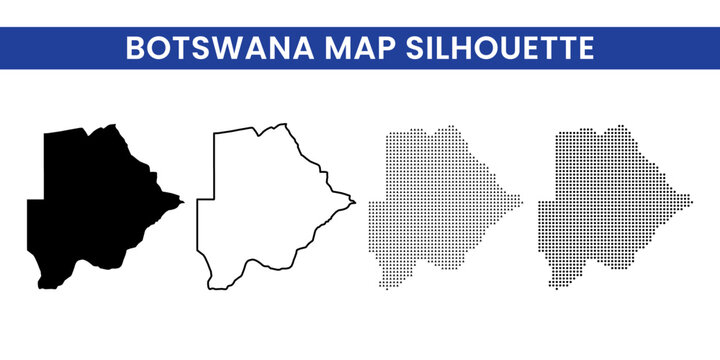 Botswana map silhouette with various black vector styles and dotted patterns arranged on white background with geographic outline botswana