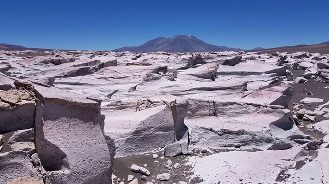 Vast salt flats under clear blue sky with distant mountain view  