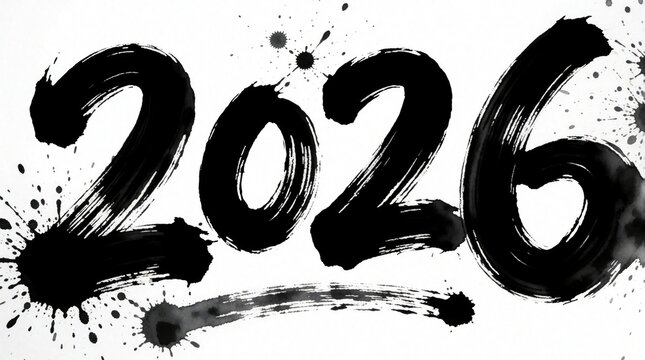 Bold brush strokes form year 2026 numbers. Ink splatters add dynamic contrast to the graphic abstract design. Modern handwritten style suits digital prints and posters.