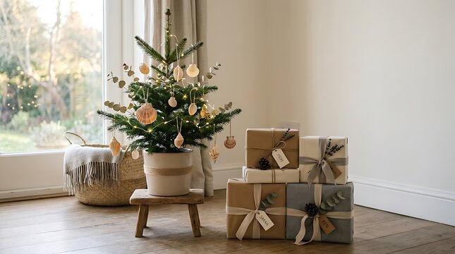 Small potted christmas tree decorated with seashells and fairy lights next to wrapped gift boxes with evergreen tree ceramic stack wrapped with wrapped presents name