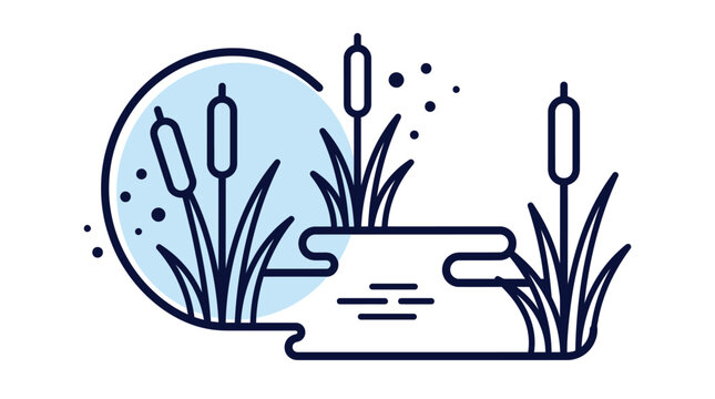 Minimalist vector illustration featuring stylized cattail plants and a calm blue moon on white background