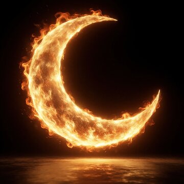 Fiery crescent moon glows against dark background. Burning orange moon shape with hot flames, sparks. Mystic celestial light shines in night sky. Abstract golden lunar symbol for Ramadan spiritual